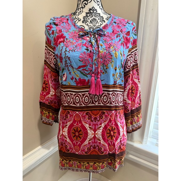 Aziza Tops - Aziza Womens Boho Floral Paisley Embroidered Tassel Tunic Top Blue Pink Size M